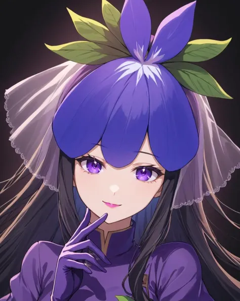 anime girl with purple hair and purple dress holding a green leaf