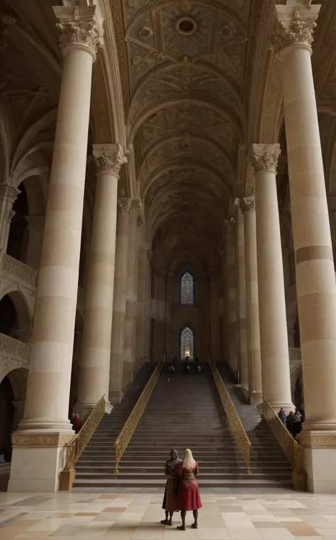 arafed view of a large hall with a staircase and a couple of people