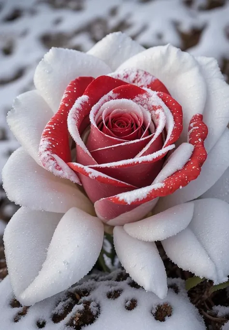 a close up of a red and white rose covered in snow