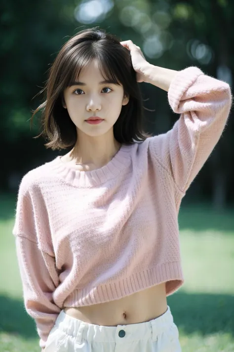 FIMG,arms behind back,upper body,depth of field,blurry background,(8k, RAW photo, best quality, masterpiece:1.2),(realistic, photo-realistic:1.37),lss,1girl in pink sweater,short hair, <lora:lss2-000012:0.7> (pureerosface_v1:0.7) <lora:FilmG4:1> <lora:shoj...