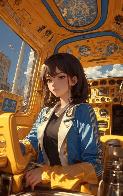 a woman in a blue jacket sitting in a yellow vehicle