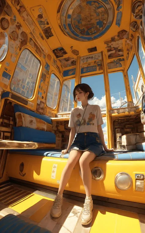 araffe sitting on a bench in a yellow bus with a blue seat