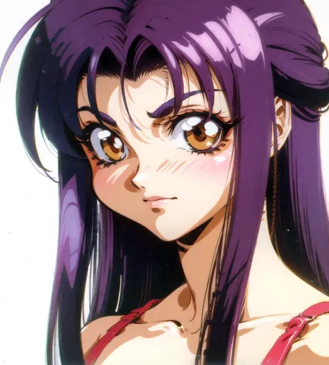 anime girl with purple hair and big eyes in a red dress