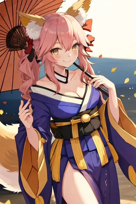 best quality, masterpiece, highres, solo, {tamamo_no_mae_fgo:1.15}, animal_ears, fox_ears, pink_hair, yellow_eyes, long_hair, breasts, large_breasts, animal_ear_fluff, fox_tail, tail, cleavage, blush, fox_girl, smile, bow, collarbone, hair_between_eyes, ba...