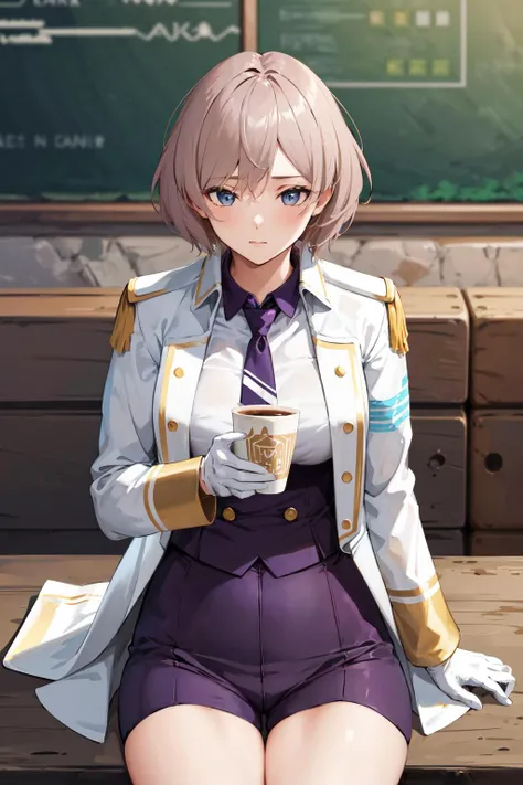 masterpiece, best quality, highres, mujina, solo, white gloves, necktie, purple shorts, short necktie, corset, white jacket, purple necktie, light brown hair, short shorts, long sleeves, open jacket, coat, bangs, <lora:mujina_v2:0.7>, sitting, cafe, cup,