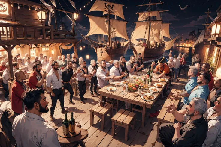 From above,wide Shot,best hands,Best quality,(masterpiece:1.1576),(ultra detailed 8k art:1.05),(crew member,Pirates,dark skin,middle age,bar:1.25),night, lantern, dim, shadow,(5 male:1.4),(Buzz cut:0.8), public, (on the deck,pirate ship),Lively, fun,Laught...