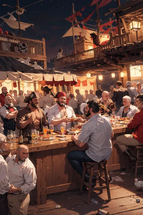 there are many people sitting at a bar eating and drinking