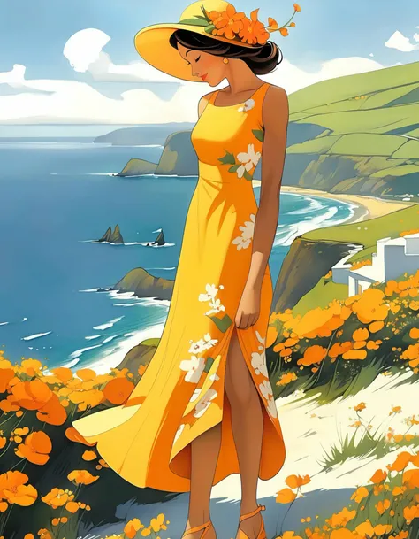 illustration of a woman with orange flowers in her hair standing by a coastal view wearing a yellow dress, best quality