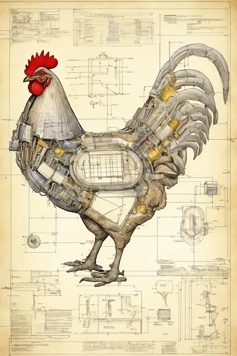 complex circuit diagram of the internal workings of a chicken; scientific schematic; watercolor, concept graph paper, blueprint design study, accurate mechanical features, schematic engineering illustration by head of prompt engineering