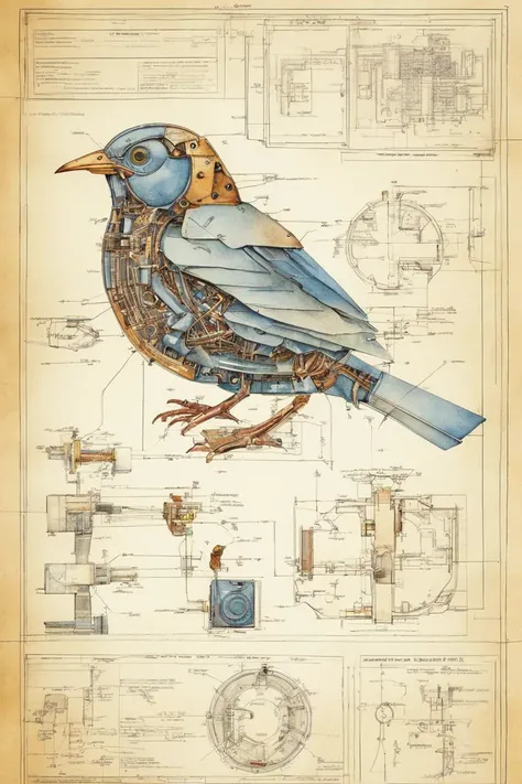 complex circuit diagram of the internal workings of a bird; scientific schematic; watercolor, concept graph paper, blueprint design study, accurate mechanical features, schematic engineering illustration by head of prompt engineering