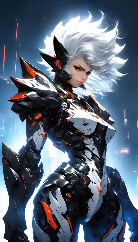 (masterpiece, ultra quality), dramatic, night skyline background, black marble armor, monkey theme, epic lance, mecha, 1girl, pretty face,white hair, side view, high quality, full body shot