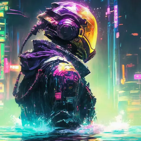 anime, a man with a helmet on standing in the water , cyberpunk, cyberpunk art, retrofuturism