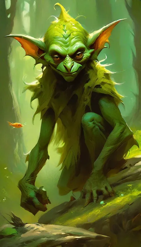 Goblin, aka Goblin, (dark green skin) BREAK Small humanoid creature with long pointed ears, hooked nose and fish eyes, corrupt and vile personality, evil character, cunning and deceitful, living in the forest a monster of