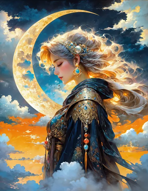 (best quality:1.2), (masterpiece:1.2), woman in the style of fantasy art, fullbody, moon, clouds, multilayered art, lithograph, metafictional, complex, unique, grim, highly detailed, anime style, niji,