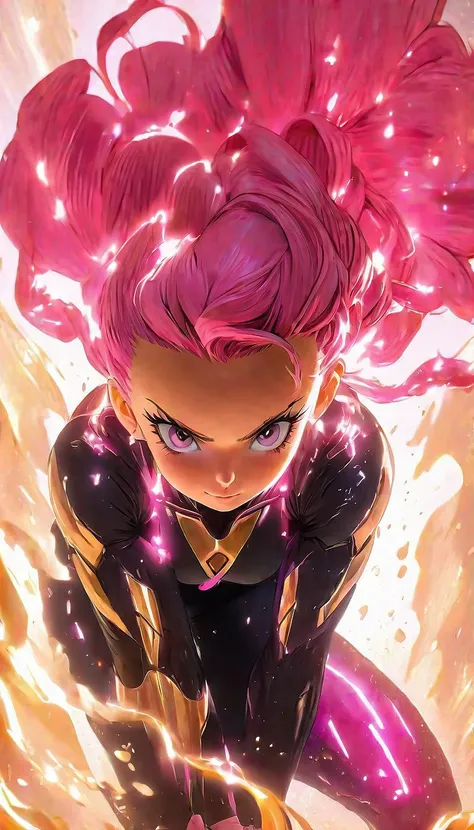 anime girl with pink hair is staring at the camera, in the style of light amber and gold, emphasis on detail, firecore, 2d, deconstructive, shiny eyes, warmcore, hi res, sharp focus, clarity