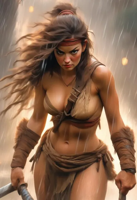 Drawing inspiration from modern masters like Range Murata, the artwork should encapsulate As unyielding rain turns into shimmering medals and handwritten notes, Long, weary lines of barbarian woman trudging back from the front, her body is sexy, shadows of...