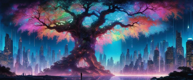 Amidst a labyrinthine cityscape of chrome and glass, an enormous bioluminescent tree rises as the vibrant heart of the metropolis. Its intricate roots intertwine with skyscrapers, bridging the gap between nature and technology. The trees translucent leaves...