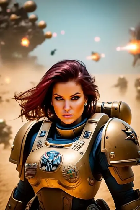 cinematic film still 1girl, sexy, a space marine,  fightinging in the battle field, conquered many worlds,  faced horrors beyond imagination, proud of her service, proud of her loyalty, proud of her strength,  also tired, the endless war, ,the ruthless exp...