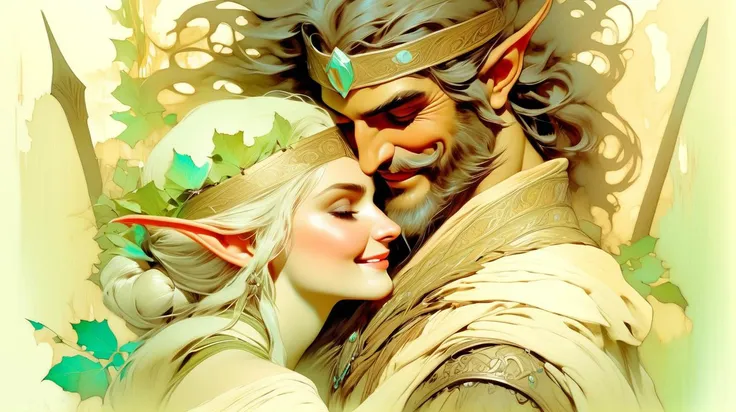 smiling elf druidess together with warrior (human, male, beard, dark hair) | shadows | dramatic lighting | centered | key visual | intricate | highly detailed | breathtaking beauty | precise lineart | vibrant | comprehensive cinematic | intense | Masterpie...