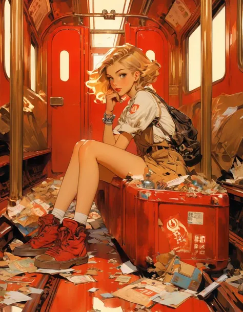 Anime artwork Girl, sitting on train, red interior, rust, garbage on the floor, broken bottles, art by J.C. Leyendecker . anime style, key visual, vibrant, studio anime, highly detailed