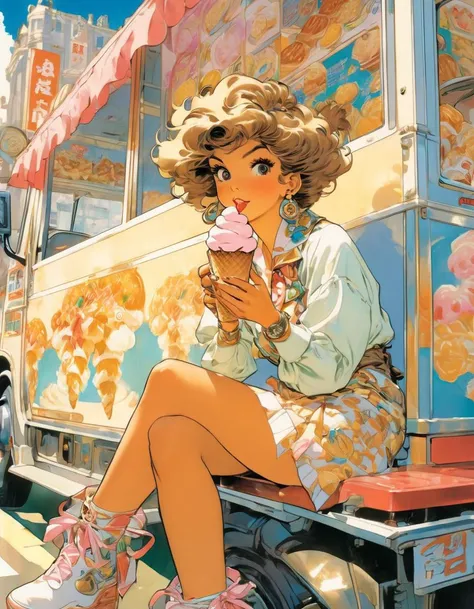 Woman, bored expression, sitting beside an ice cream truck, art by Masamune Shirow, art by J.C. Leyendecker . Anime style, key visual, vibrant, studio anime