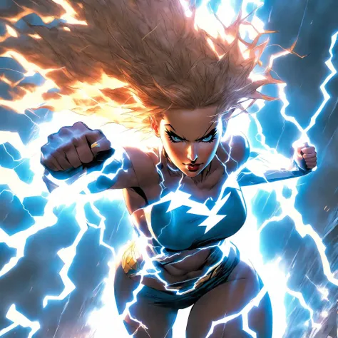 beautiful superheroine, lightning running throughout her body, dynamic pose, beautiful, inspirational, fist reaching for the sky, fit abs