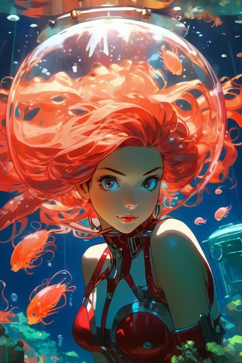 anime artwork,  Girl,  red head,  sitting beside a large submarine window,  underwater scene,  florescent jellyfish,  art by J.C. Leyendecker . anime style,  key visual,  vibrant,  studio anime,  highly detailed