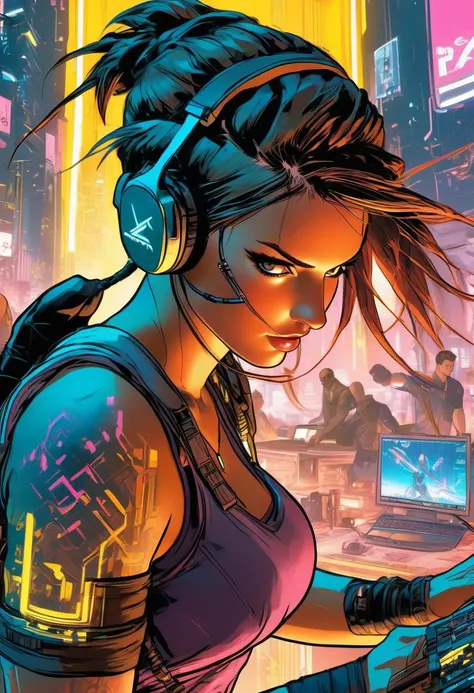 Anime artwork,  Lara Croft,  wearing VR helmet,  hacking on a computer. cyberpunk 2077 cityscape,  art by J.C. Leyendecker,  anime style,  key visual,  vibrant,  studio anime,  highly detailed