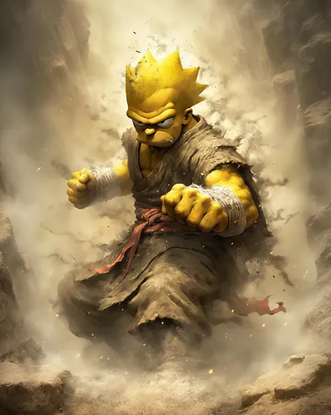 1 sandstone statue as Bart Simpson part of the Simpson stands focused on a remote mountaintop dojo. Charging his chi, he prepares a devastating Hadouken, , the martial arts master role in the Simpsons character, covered with thick cobwebs and dust, rain le...