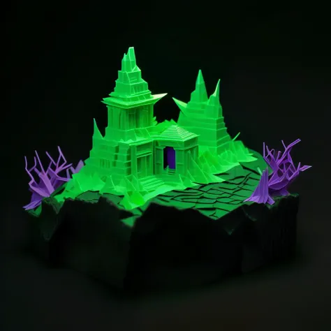 origami style breathtaking a green (((glow in the dark))) 3d printed plastic model of an abandoned crumbling eldritch stone fortress ruin made of sea choral and a purple tree in the foreground, Anato Finnstark, eldritch, concept art, generative art . award...