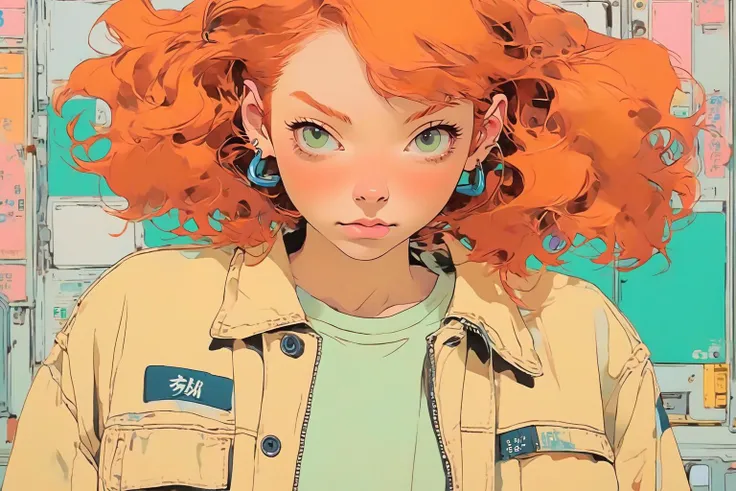 illustration of a ginger girl in a casual clothes, hands in pockets, japanese retro, highly detailed, soft pastel colors, (vaporwave:0.8), anime style, niji,