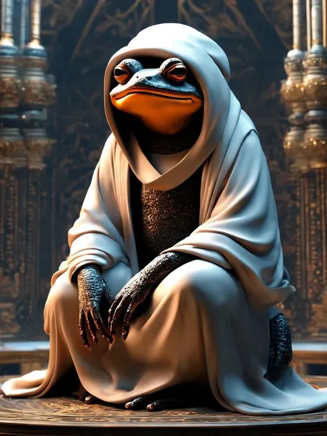 (best quality) , (masterpiece) , CGI Art, Bimbocore, Toad, wearing Mind-Bending Abaya, Sitting, Fluxus Art, Cyber Noir, Colorless, ((award winning graphic design))