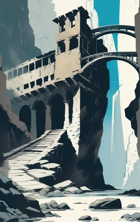 concept art a picture of a stone chasm with a bridge in the middle of it and a crumbling stone building in the background with a sky background, Emil Lindenfeld, screen print, a screenprint, private press . digital artwork, illustrative, painterly, matte p...