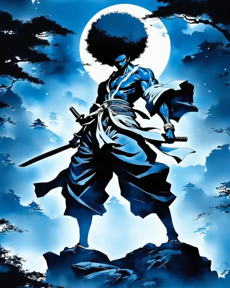 Anime afro samurai, Japanese temple in the moonlight, blue theme, masterpiece, watercolor, dynamic pose, manga