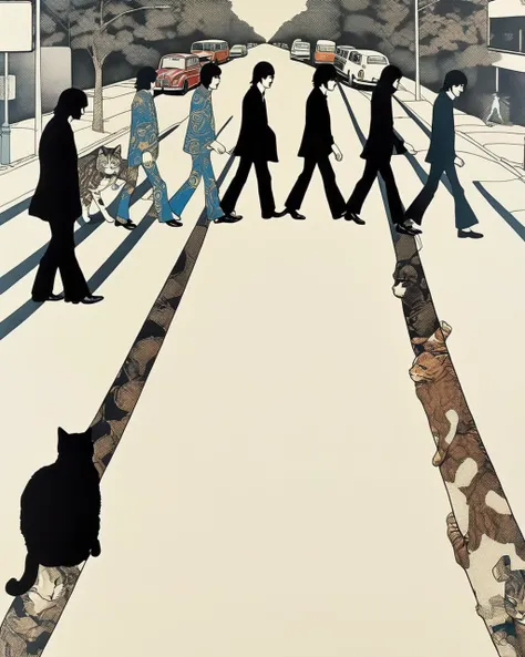 The Beatles, crossing a road,  Abbey Road, change human into cats (illustration by Takato Yamamoto) ,a portrait transformed by the overprint technique, overprint_effect <lora:Overprint_effect_sdxl:1.0>