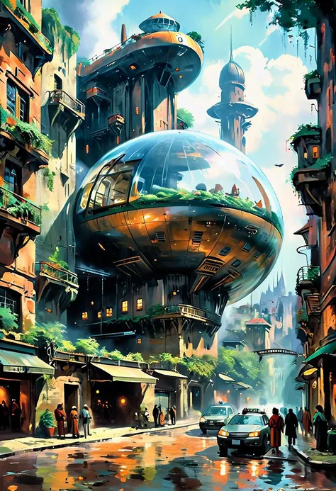 a painting of a futuristic city with a giant spaceship floating over it