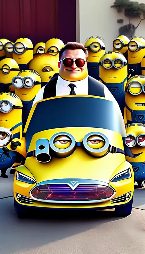 Minion attempting to mimic (Elon Musk): Dressed in business casual attire, donning sunglasses, replicating Elons distinctive hairstyle, standing beside a Tesla car. While trying to share the perfect photo on Instagram and Facebook, accidentally applies exa...