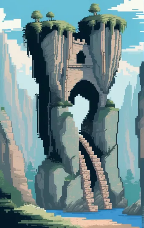 pixel-art a picture of a stone chasm with a bridge in the middle of it and a crumbling stone building in the background with a sky background, Emil Lindenfeld, screen print, a screenprint, private press . low-res, blocky, pixel art style, 8-bit graphics