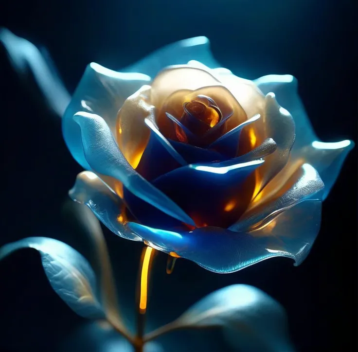 bio-luminescent glass rose in bloom, glow, radiance, gold rim, night background, highly detailed, multilayered, soft shadows, blue transparent, clean sharp focus, cinema film photography,  <lora:papercut:.3>