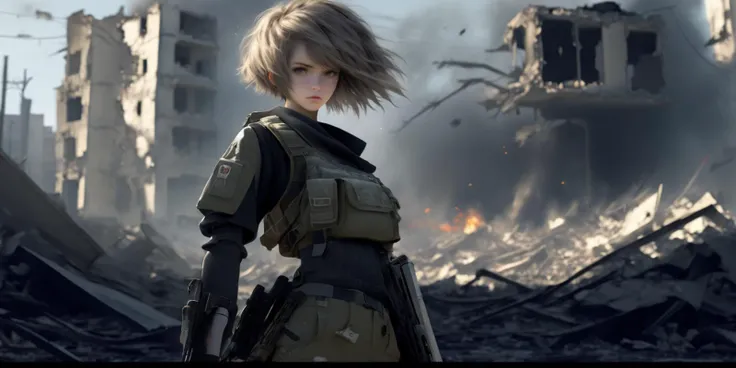 1 girl, short hair, left arm sword prosthesis, right arm take pistol, machinery arm, full body, City destroyed by nuclear, absurdres, best quality, digital art style, <lora:add-detail-xl:0.7>