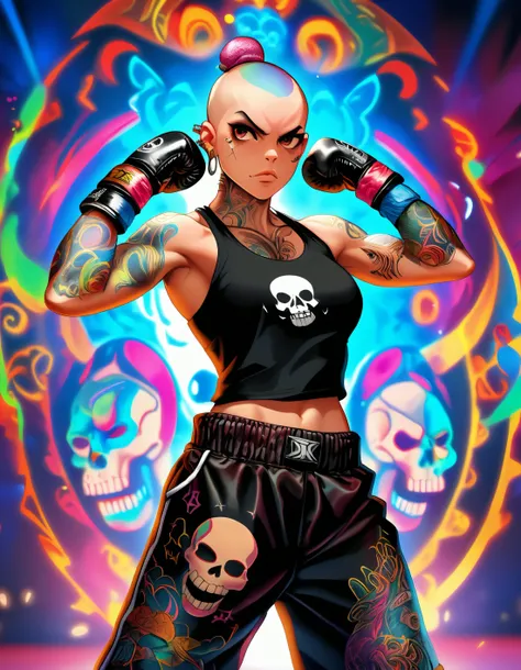 A female boxer with a shaved head tattoos and a fierce expression standing in a ring with a vibrant colorful background. She is wearing a black tank top with a skull design. Her arms are raised in a defensive stance, anime studio