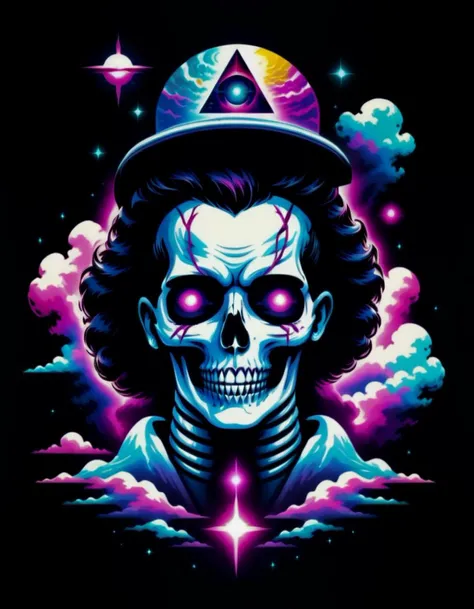 Horror-themed ((neutral white background)),<lora:TShirtDesignRedmondV2-Tshirtdesign-TshirtDesignAF:0.8> T shirt design, TshirtDesignAF <lora:SkeletoNaut-000009:0.6>  Vaporwave Fitted Cap,  Tons of Jewelry Astral Aura, bling <lora:LogoRedmondV2-Logo-LogoRed...