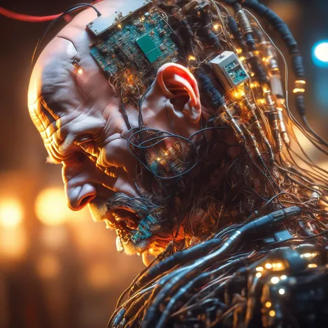 a close up of a man with wires on his head, inspired by Jacek Andrzej Rossakiewicz, digital art, balding older cyborg repairing, upper body avatar, cronenberg automata, full body robot with human mask