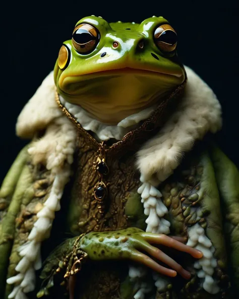 Ultra-realistic 8k, masterpiece, portrait of a Frog wears a high detailed ermine coat, hold a white ermine in his arm, look to side, pitch black dark night, (((no lights))), Leonardo da Vinci painting style, surrounding is dirty, beautiful intricately and ...