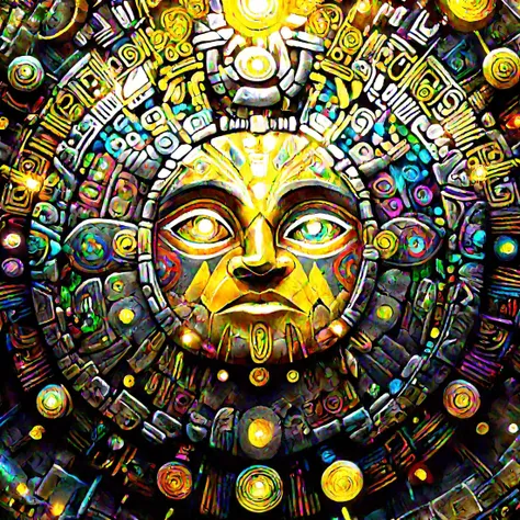 a colorful picture of a circular object with many lights and shapes in it, yellow center, Android Jones, highly detailed digital art, generative art, Aztec <lora:AbstractPortrait_50_R:1>, steel thread, 25 layers deep, back lit, detailed, full view, in focu...