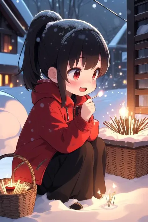 masterpiece,ultra detail,best quality,1girl,petite,black ponytail,blush,evil smile, open mouth,night,<lora:girllikelitmatch:0.7>,outdoor,snow,lit match,red hooded jacket,match,arson,torch,flare,basket,head down,illusion,vision,empty puils,(((countless lit ...