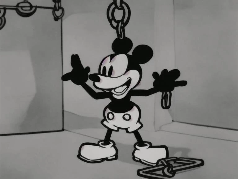 steamboat willie, unshackled from handcuffs, prison, greyscale, ink and cel animation, high quality, very sharp