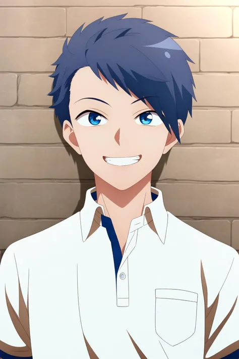 masterpiece, best quality, 1boy, makoto_oda, portrait, straight-on, close up, upper body, looking at viewer, against wall, brick wall, blue hair, blue eyes, grin, polo shirt,