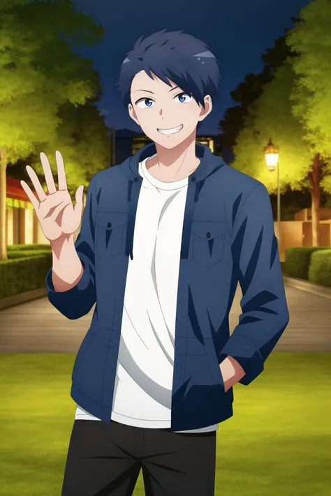 masterpiece, best quality, 1boy, night, park, tree, grass, makoto_oda, standing, upper body, looking at viewer, grin, (casual, blue jacket, open jacket, white t-shirt), black pants, (hand in pocket, hand up, waving),