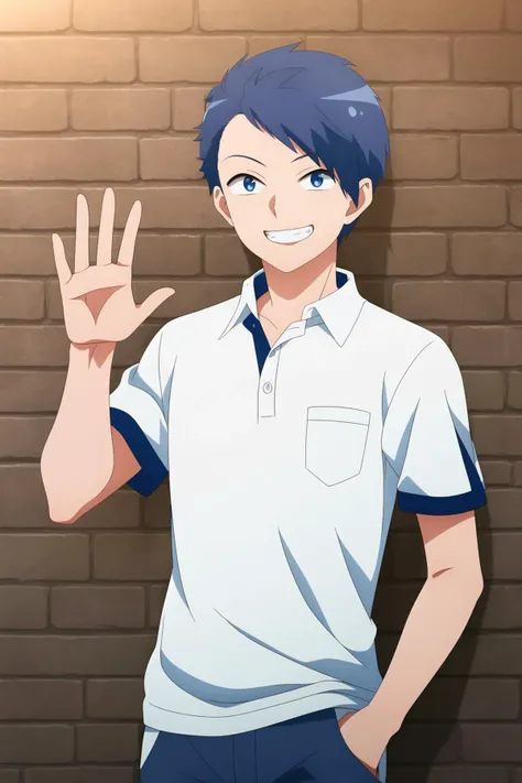 masterpiece, best quality, 1boy, makoto_oda, portrait, upper body, looking at viewer, against wall, brick wall, blue hair, blue eyes, excited, grin, polo shirt, blue pants, (hand in pocket, hand up, waving),